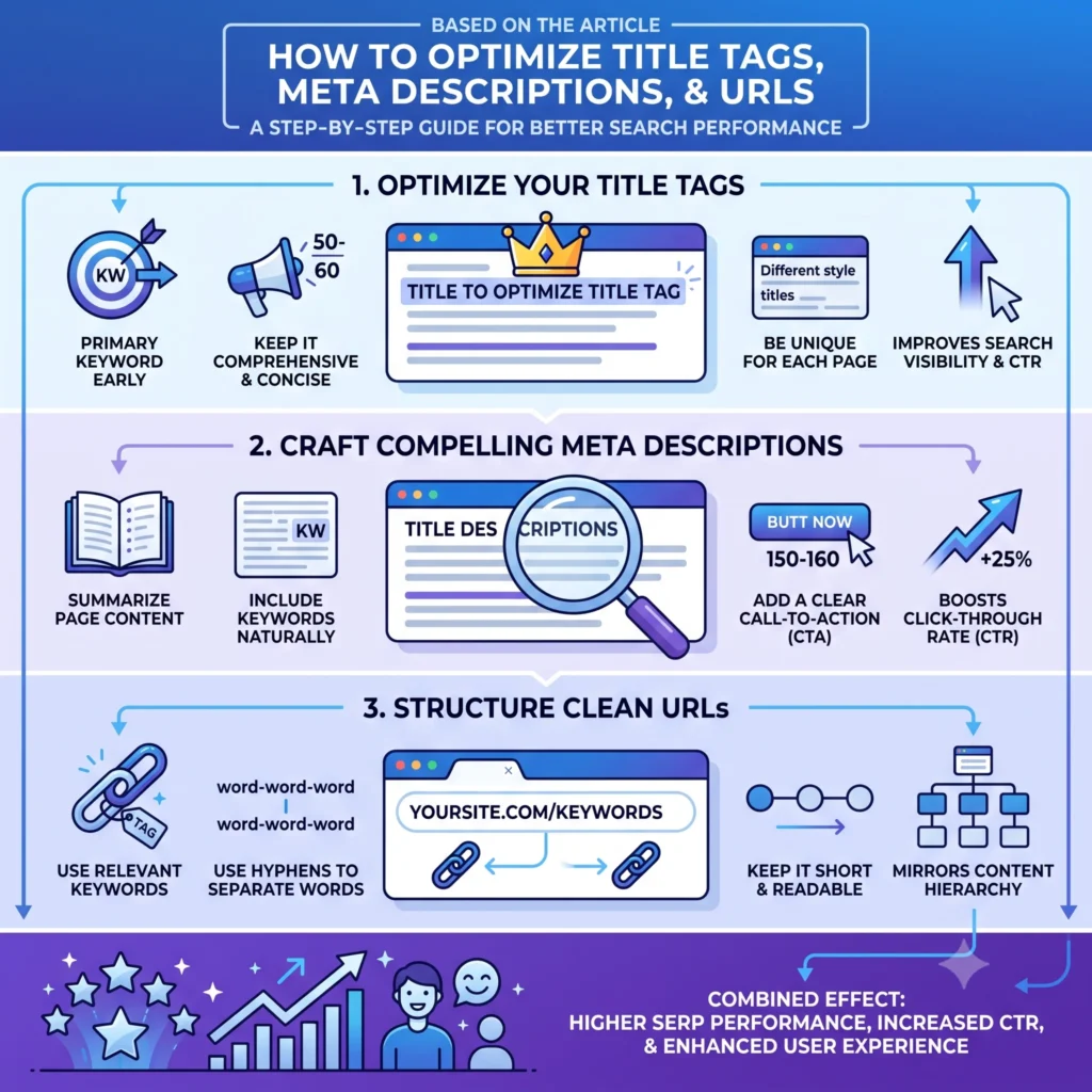 Illustration of SEO optimization showing title tags, meta descriptions, and SEO-friendly URLs to improve search visibility, click-through rates, and Google rankings.