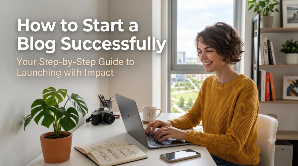 Illustration showing the essential steps to start a successful blog, including choosing a niche, setting up a website, creating content, and optimizing for SEO.