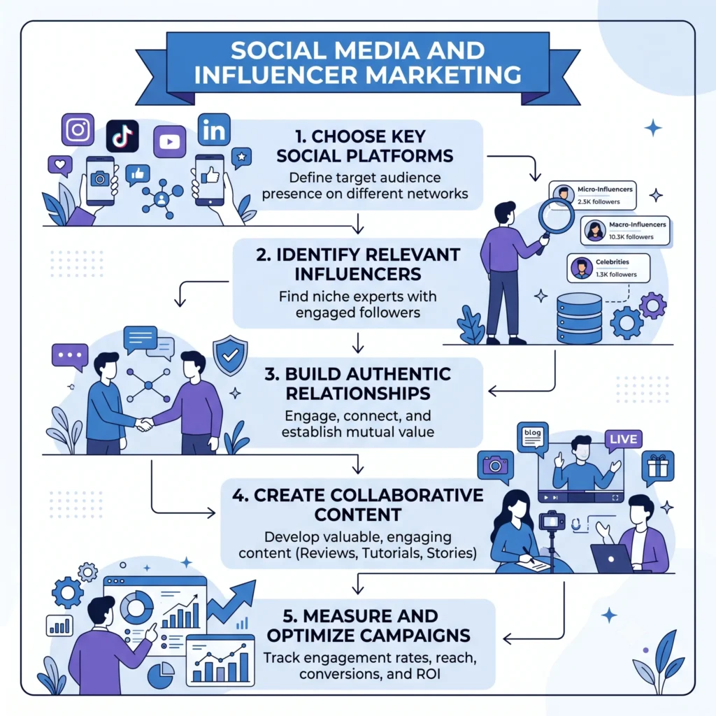 Alternative Text: Illustration of social media and influencer marketing strategies used to increase brand awareness, audience engagement, and off-page SEO authority.
