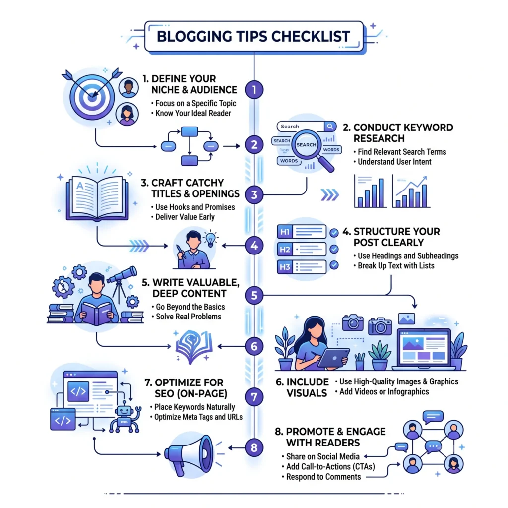 Blogging Tips Checklist showing the essential steps to create high-quality content, improve SEO, grow blog traffic, engage readers, and monetize a successful blog.