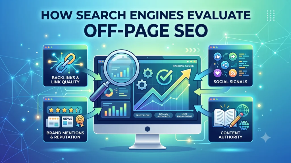 Alternative Text: Illustration showing how search engines evaluate off-page SEO using backlinks, brand mentions, authority, trust signals, and external ranking factors.
