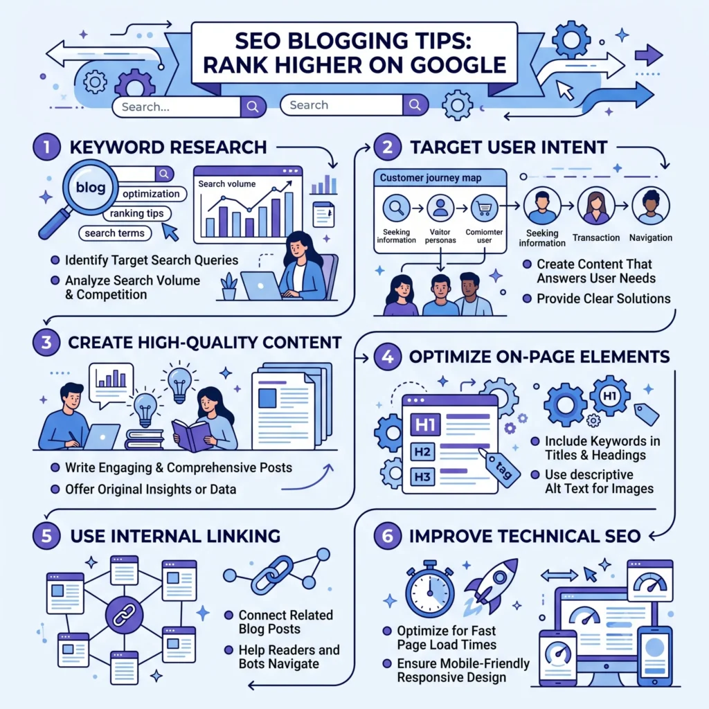Illustration showing key SEO blogging tips, including keyword optimization, content structure, internal linking, and on-page SEO techniques to improve Google rankings.