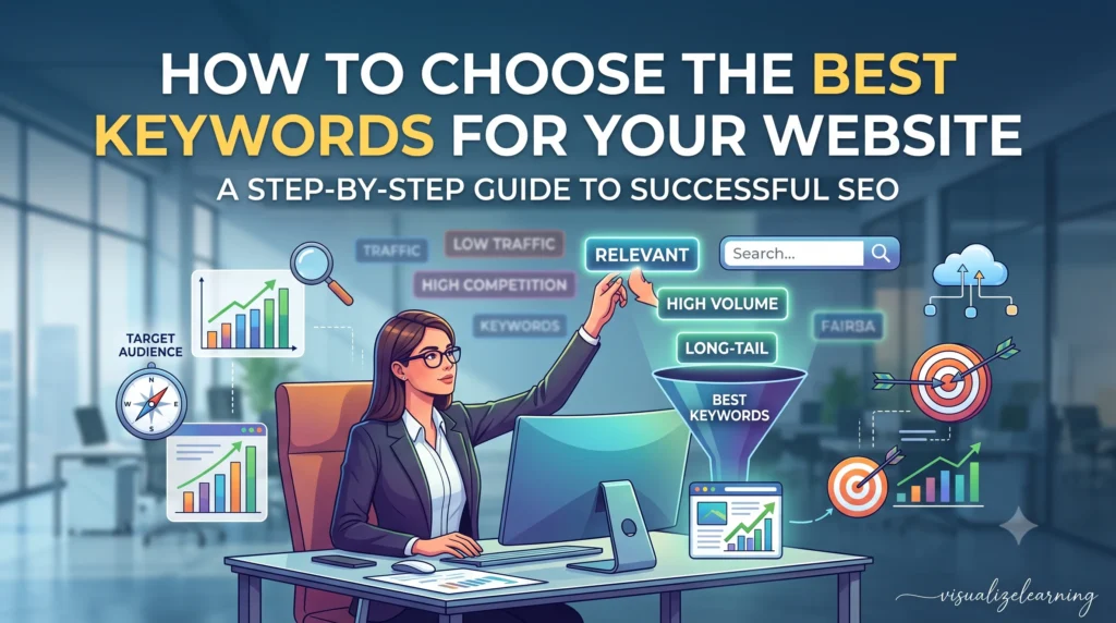 lowchart showing how to choose the best SEO keywords for a website by evaluating search intent, search volume, keyword difficulty, relevance, and traffic potential.