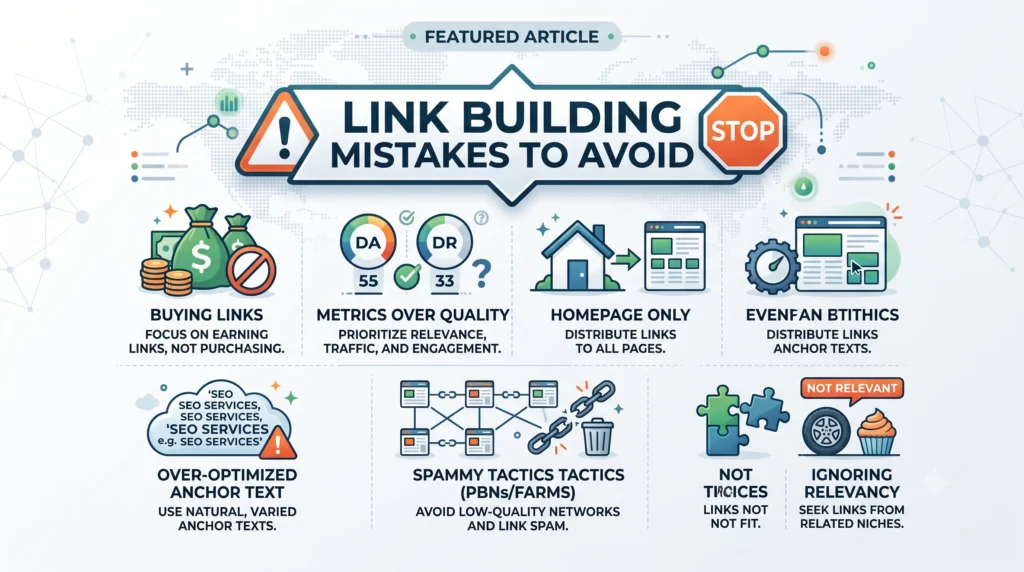 Illustration highlighting common link building mistakes to avoid, including buying backlinks, spammy link schemes, irrelevant links, excessive anchor text optimization, and other harmful SEO practices that can negatively impact search rankings.