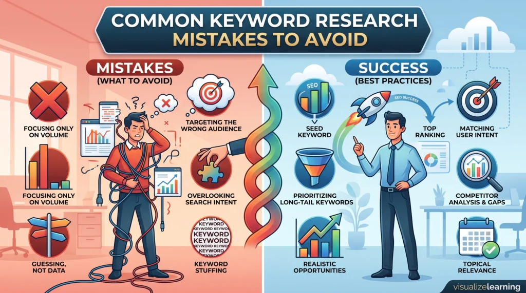 Illustration showing common keyword research mistakes to avoid, including targeting the wrong search intent, ignoring keyword difficulty, and choosing overly competitive keywords.