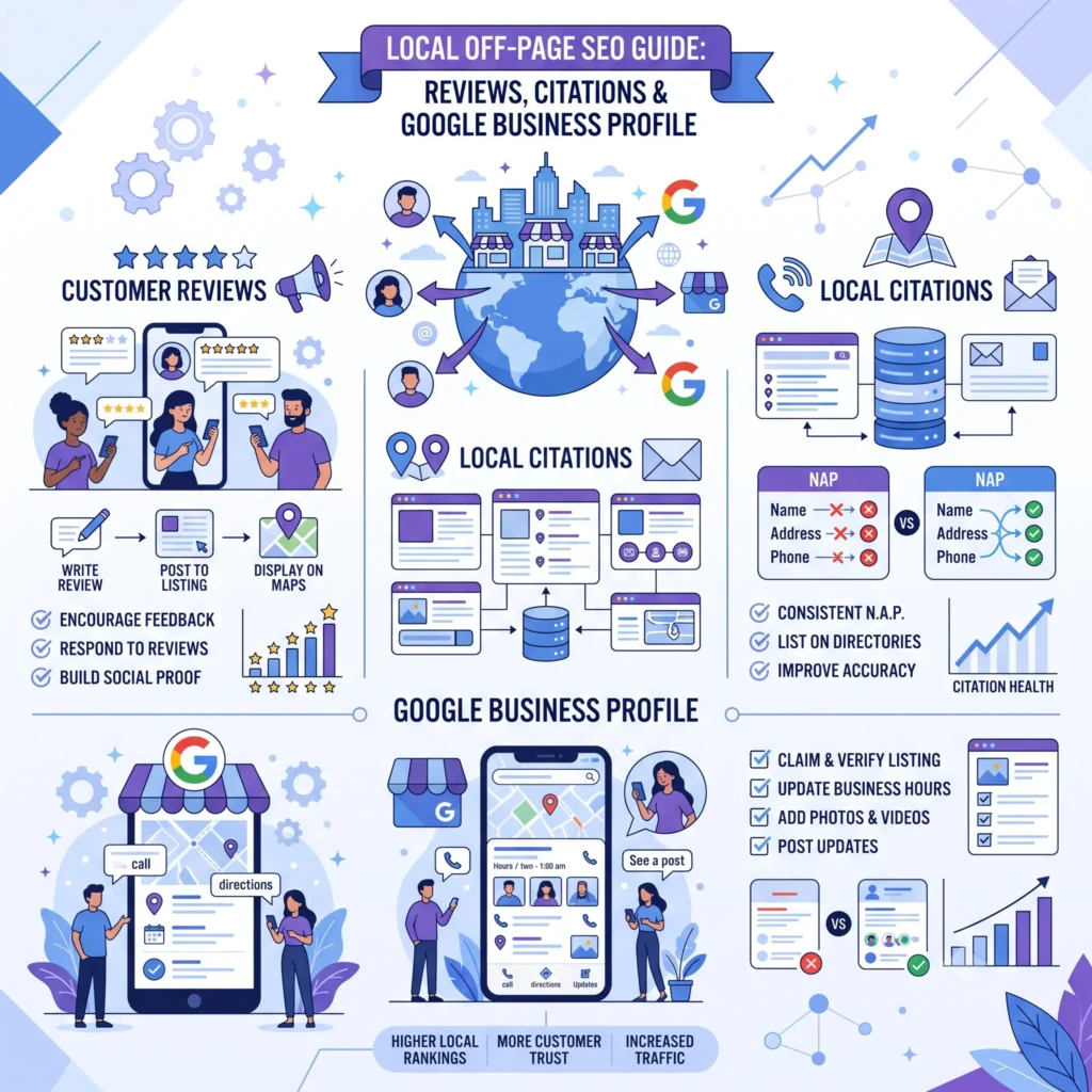 Alternative Text: Local Off-Page SEO illustration showing online reviews, local citations, and Google Business Profile optimization to improve local search visibility and business rankings.