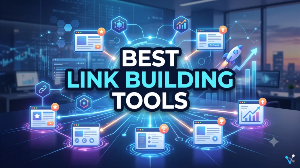 Illustration showcasing the best link building tools for backlink analysis, outreach, competitor research, and SEO performance improvement.