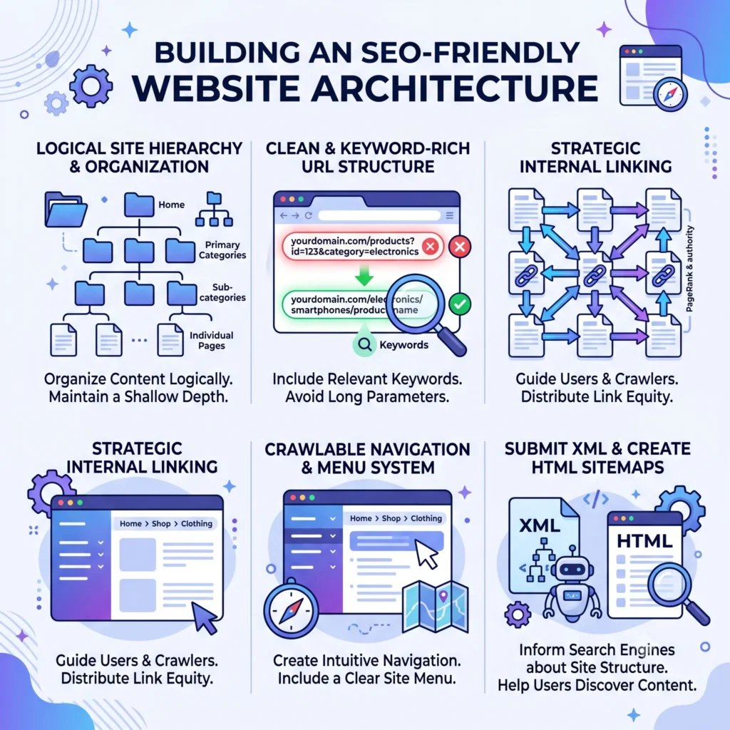 Diagram illustrating an SEO-friendly website architecture with a clear site hierarchy, logical URL structure, internal linking, and breadcrumb navigation for improved crawling and indexing