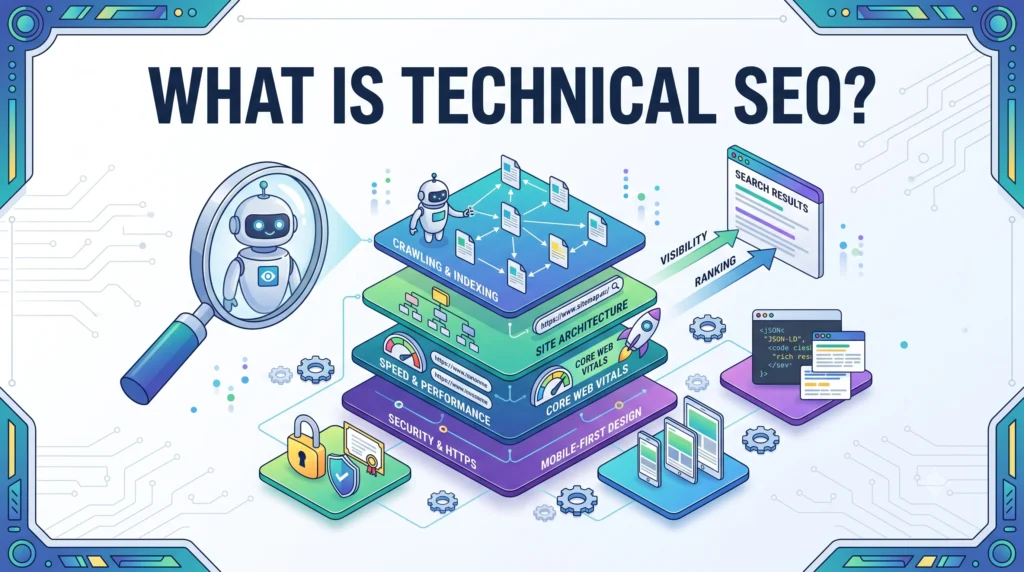 Illustration explaining what Technical SEO is, including website crawling, indexing, site architecture, page speed, and search engine optimization fundamentals.