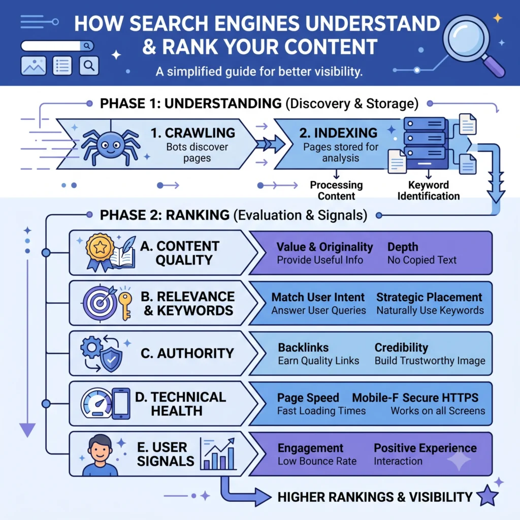 Illustration showing how search engines crawl, index, and rank website content using keywords, search intent, content quality, relevance, user experience, and SEO ranking factors