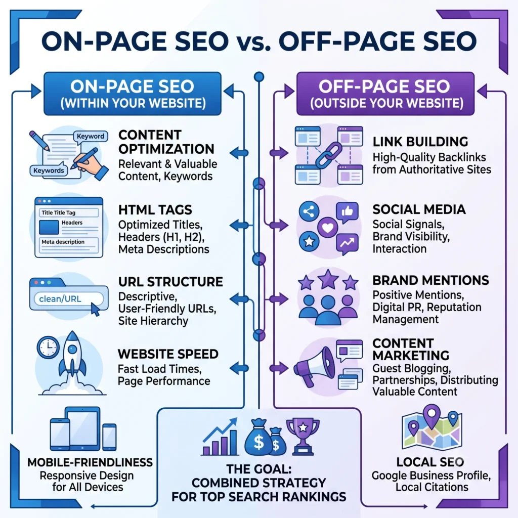 Alternative Text: Comparison of On-Page SEO vs. Off-Page SEO showing the key differences between on-site optimization and external SEO strategies for improving search rankings.