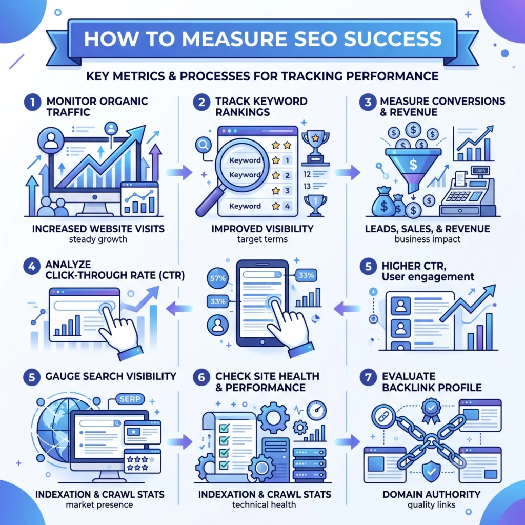 How to measure SEO success using organic traffic, keyword rankings, and website performance metrics