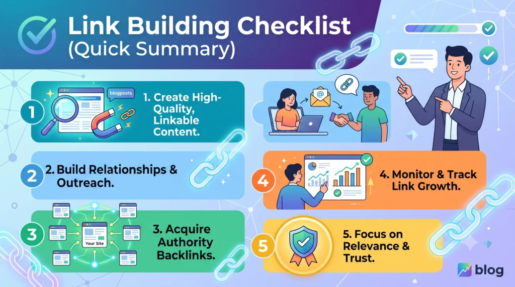A quick link building checklist highlighting essential steps such as earning high-quality backlinks, creating valuable content, conducting outreach, analyzing competitor backlinks, optimizing anchor text, monitoring backlink profiles, and avoiding spammy link-building practices for better SEO performance.