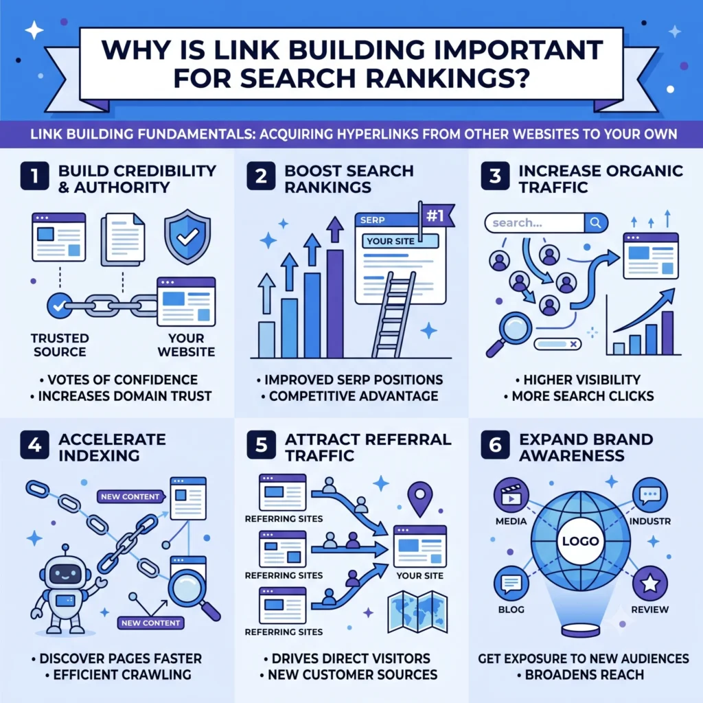 Illustration showing how high-quality backlinks improve search engine rankings, increase website authority, boost organic traffic, and strengthen overall SEO performance.