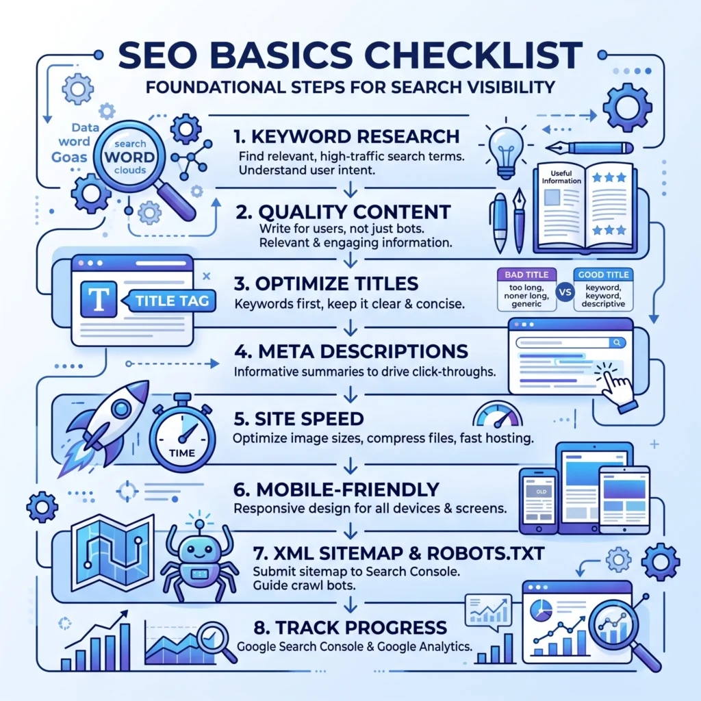 SEO basics checklist covering keyword research, on-page SEO, technical SEO, and content optimization.