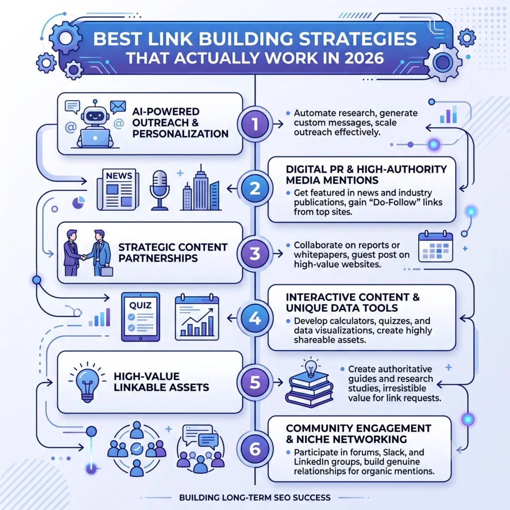 Illustration showing the best link building strategies for 2026, including guest posting, digital PR, broken link building, email outreach, competitor backlink analysis, and creating linkable content to earn high-quality backlinks and improve SEO rankings.