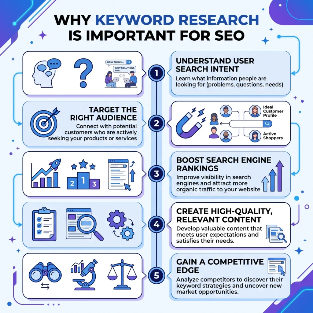 Illustration showing why keyword research is important for SEO by identifying search intent, high-value keywords, and opportunities to improve organic search rankings.
