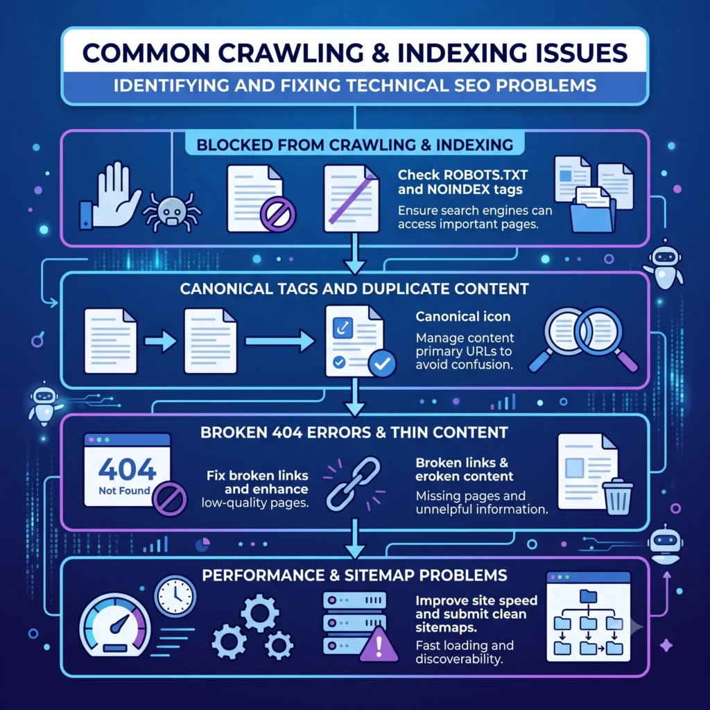 Common Crawling and Indexing Issues infographic showing typical SEO problems that prevent search engines from crawling and indexing web pages effectively.