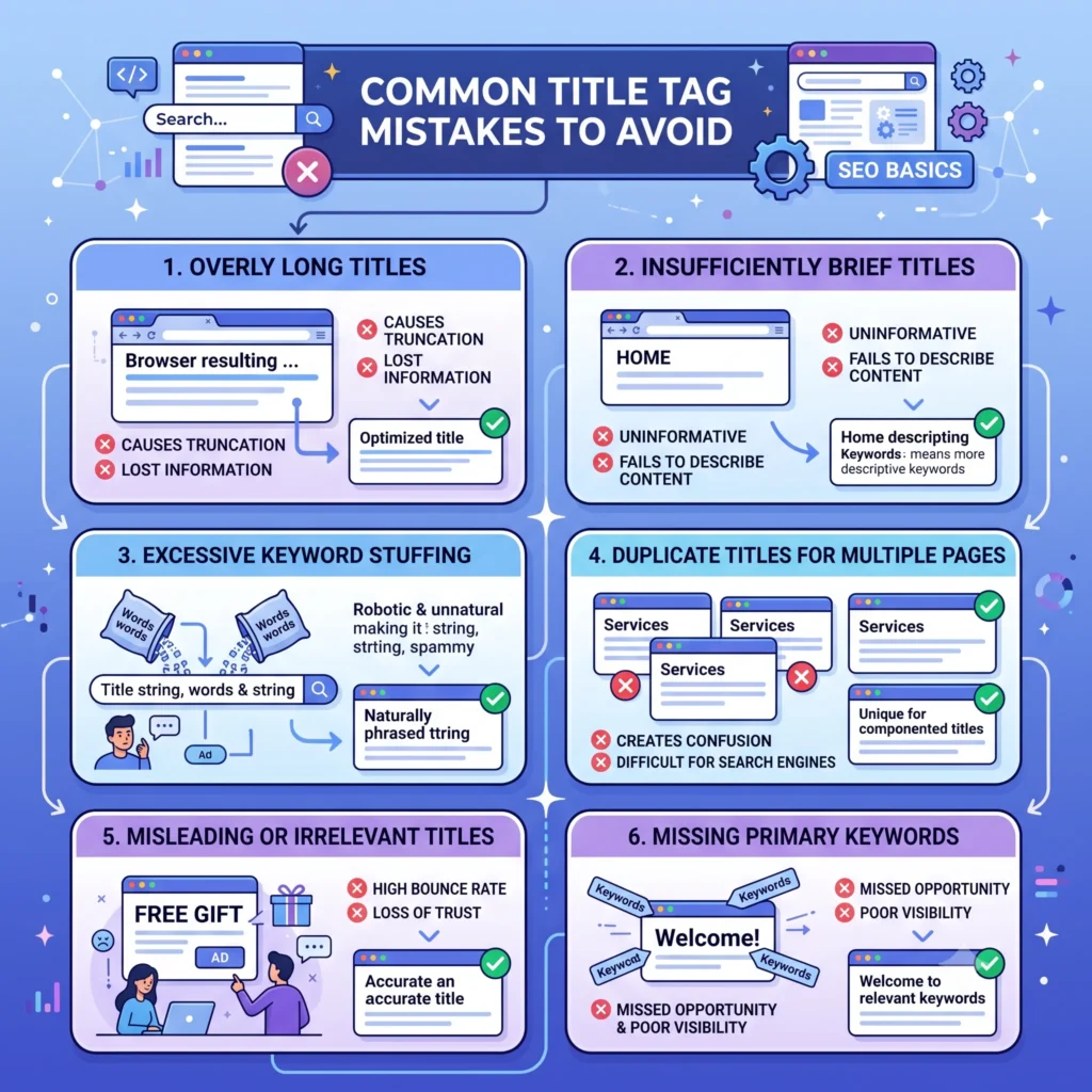 Illustration showing common title tag mistakes to avoid, including duplicate titles, keyword stuffing, missing title tags, and overly long SEO titles.