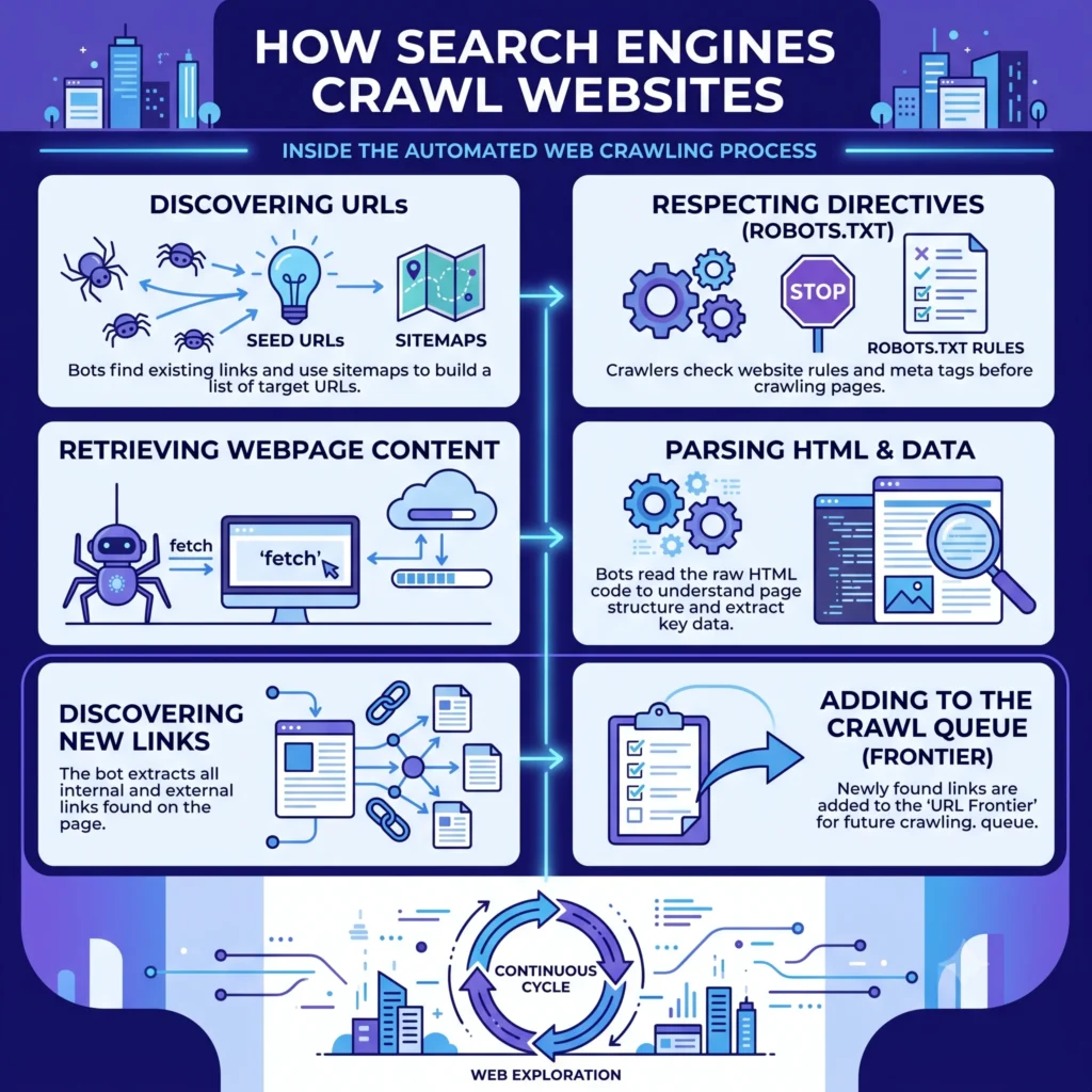 Illustration showing how search engines crawl websites using web crawlers to discover and follow web pages through internal links.