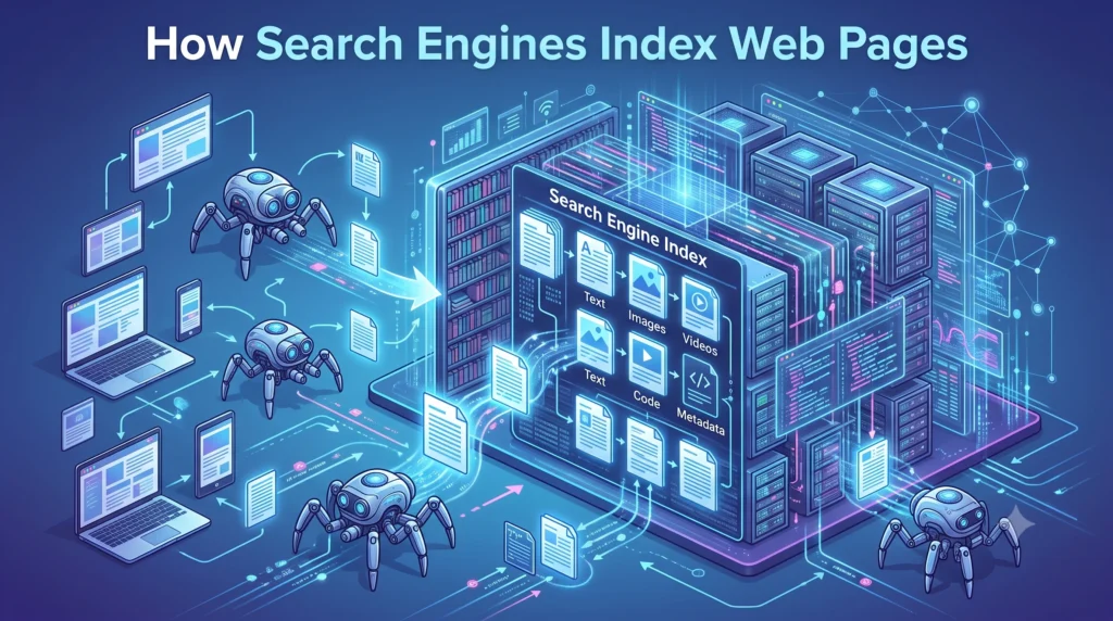 Illustration showing how search engines index web pages by analyzing, organizing, and storing website content in a searchable database for faster search results.