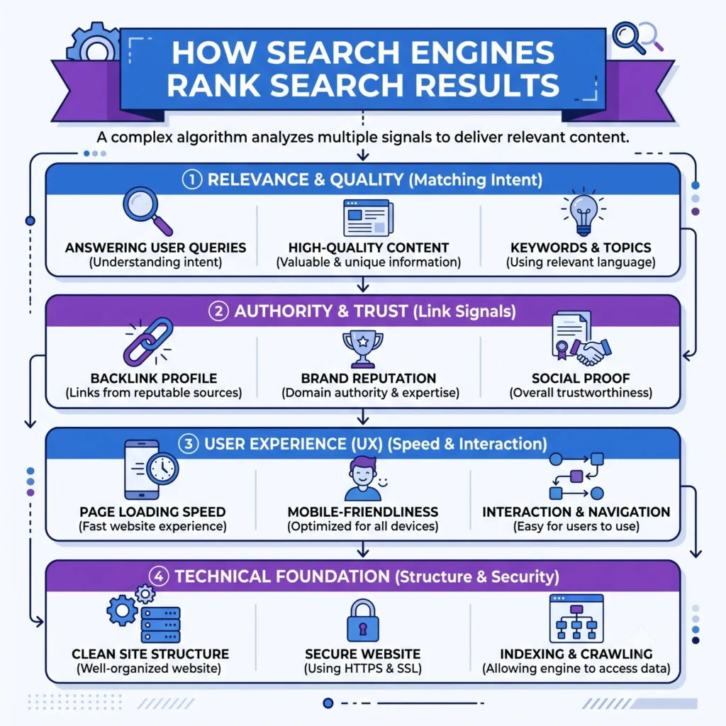 Illustration explaining how search engines rank search results based on relevance, authority, content quality, and user intent