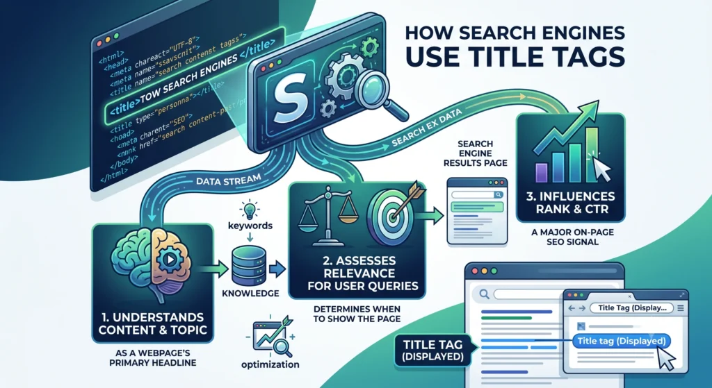 Diagram showing how search engines use title tags to understand page content, determine relevance, and display optimized titles in search results.