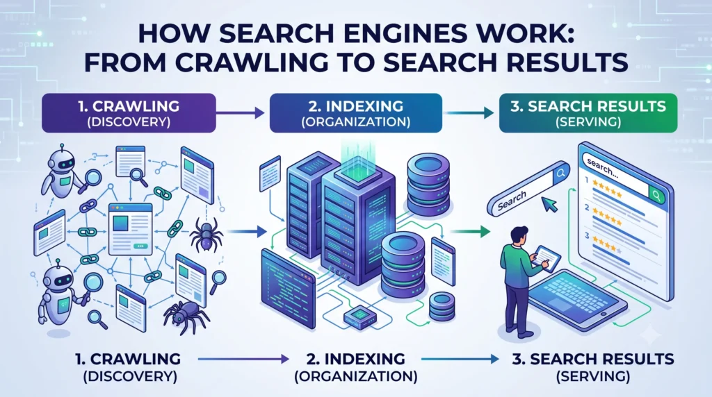 Illustration showing how search engines crawl, index, rank, and display web pages in search results through the complete search process.