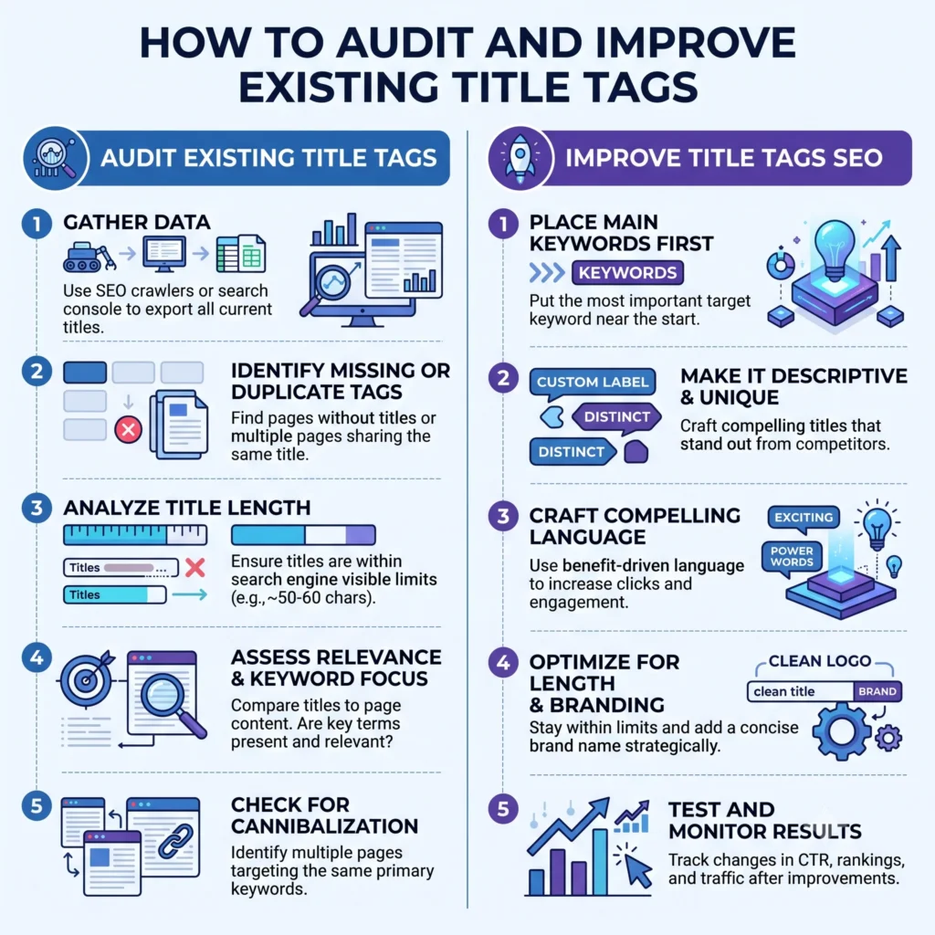 How to Audit and Improve Existing Title Tags: Illustration of an SEO title tag audit showing browser search results, optimized page titles, and performance improvements to increase rankings and click-through rates.