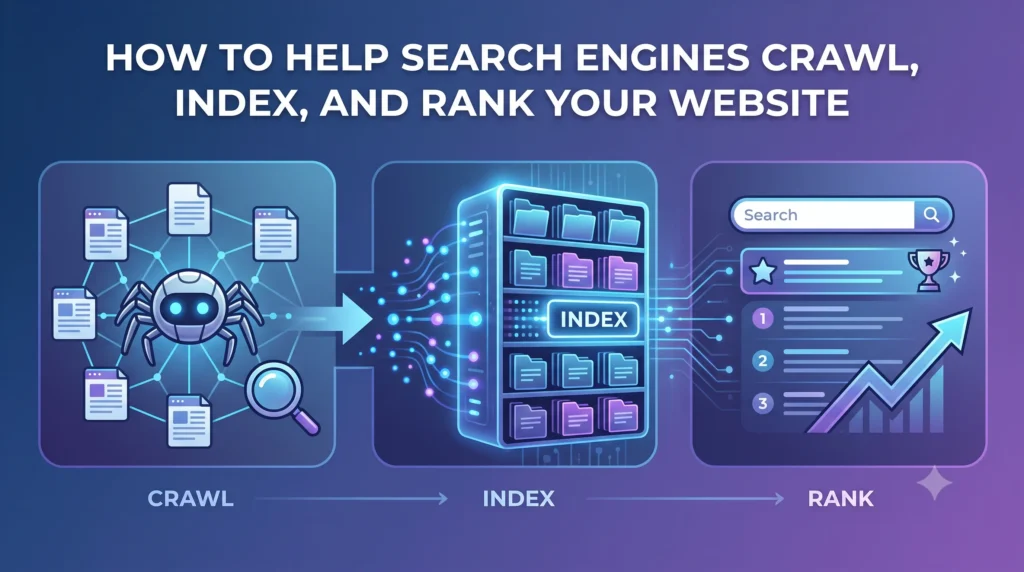 Illustration showing how to help search engines crawl, index, and rank a website for better SEO performance.