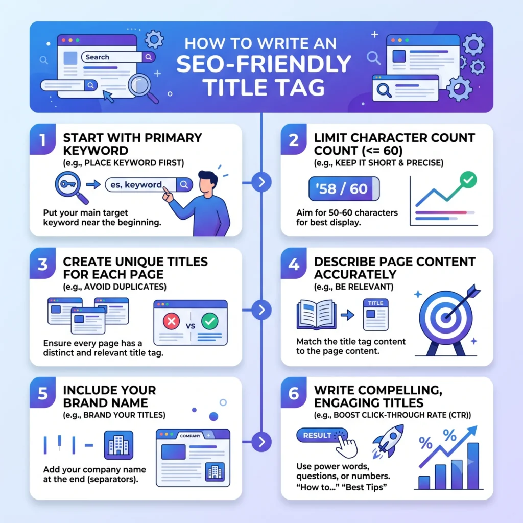 Illustration showing how to write an SEO-friendly title tag with optimized keywords, improved search rankings, and higher click-through rates (CTR).