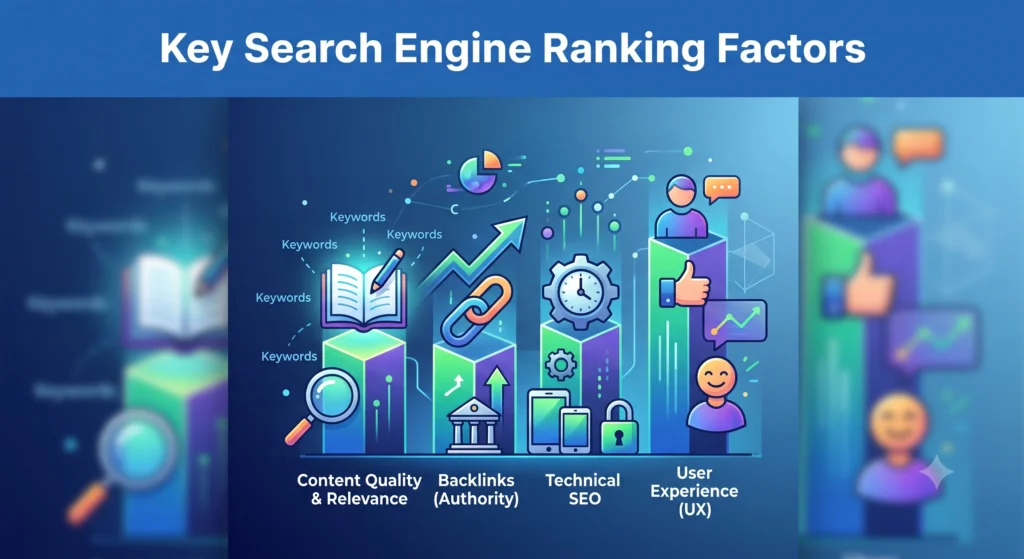 Key Search Engine Ranking Factors infographic showing the most important SEO signals that influence website rankings, including content quality, backlinks, page speed, mobile-friendliness, user experience, and search intent.