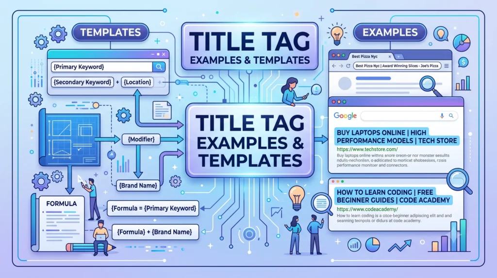 Examples of SEO title tags and templates for blog posts, product pages, service pages, and category pages to improve search rankings and click-through rates.
