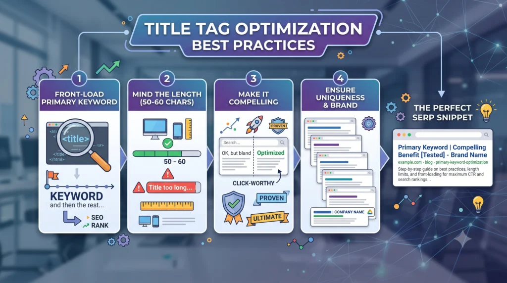 Illustration showing title tag optimization best practices with an SEO title preview, browser window, and ranking growth icons to improve search visibility and click-through rate.