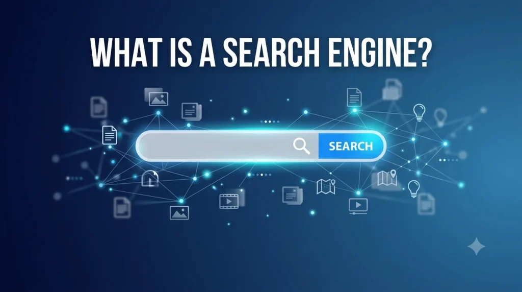 Illustration explaining what a search engine is and how it helps users find relevant web pages by crawling, indexing, and ranking online content.