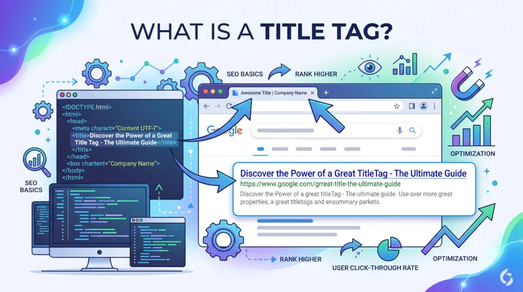 Illustration explaining what a title tag is, showing an SEO title displayed in a Google search result and browser tab.