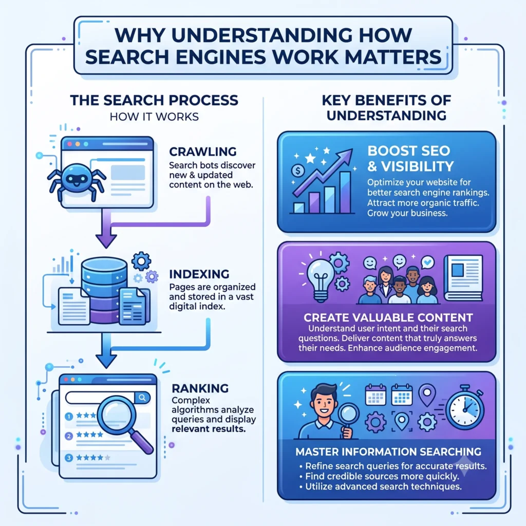Illustration explaining why understanding how search engines work is essential for improving website visibility, SEO performance, and organic search rankings.