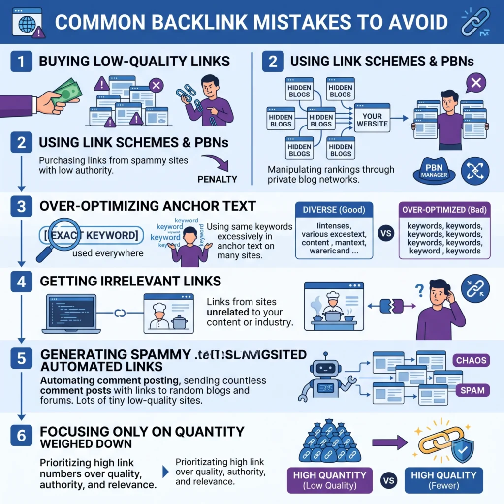 Common Backlink Mistakes to Avoid showing harmful SEO practices, toxic links, spam backlinks, and strategies for maintaining a healthy backlink profile.