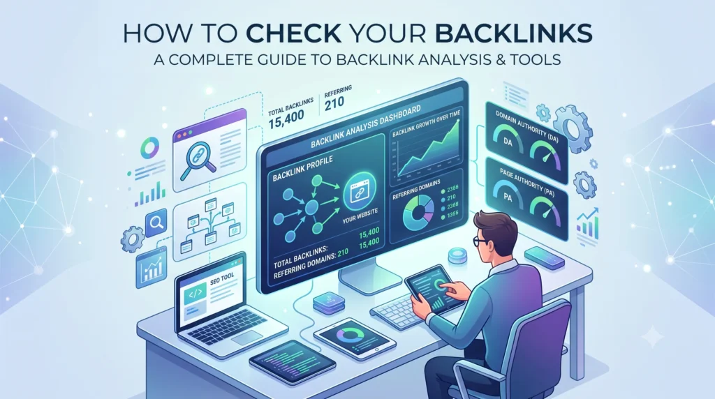 How to Check Your Backlinks showing backlink analysis tools, link monitoring, referring domains, and SEO backlink audit process.