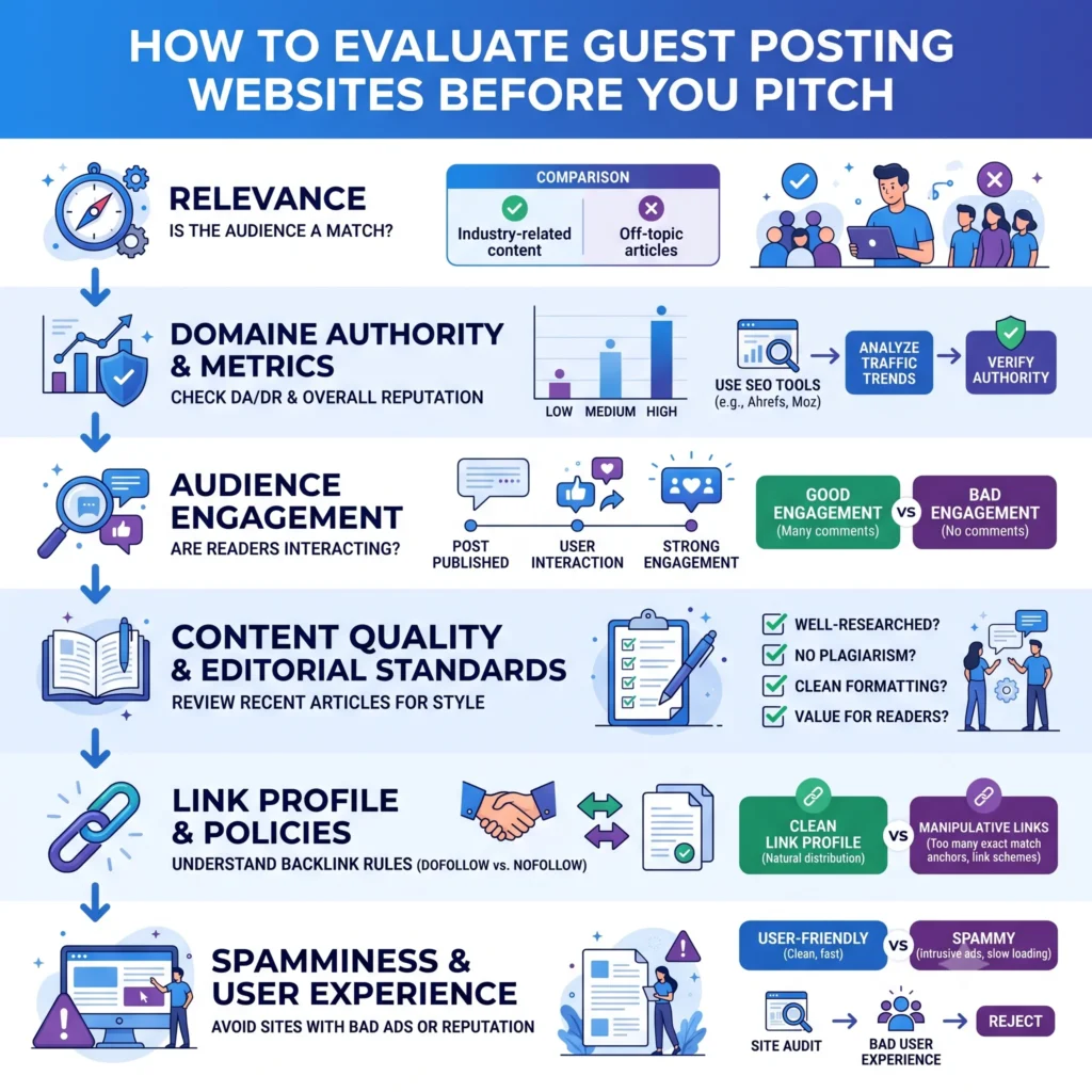 Evaluating guest posting websites by checking niche relevance, website authority, organic traffic, content quality, backlinks, and editorial standards before pitching.
