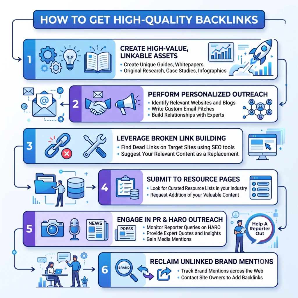 How to Get High-Quality Backlinks showing SEO link building strategies, content creation, outreach, and digital PR methods for earning valuable backlinks.