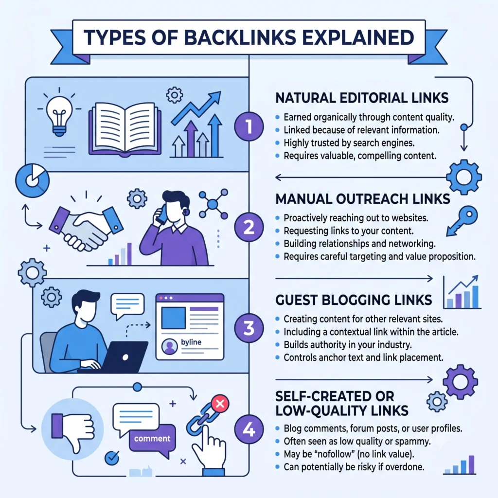 Types of Backlinks Explained showing different backlink types including dofollow, nofollow, editorial, and natural links for SEO.