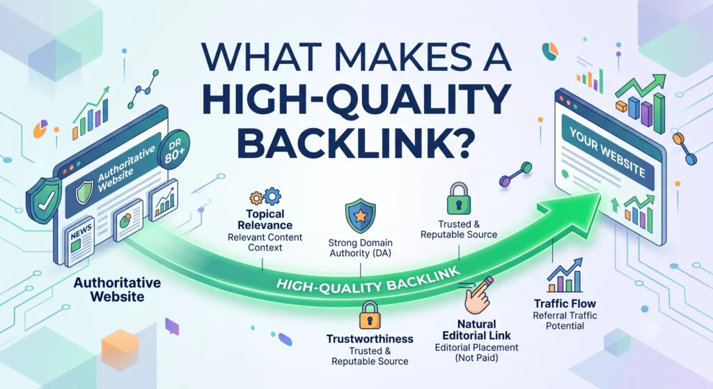 What Makes a High-Quality Backlink? Illustration showing backlink quality factors such as relevance, authority, anchor text, and link placement for SEO.