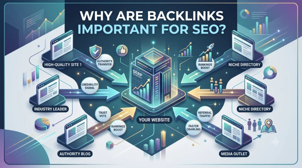 Why Are Backlinks Important for SEO? Illustration showing backlinks improving website authority, search rankings, and organic traffic.