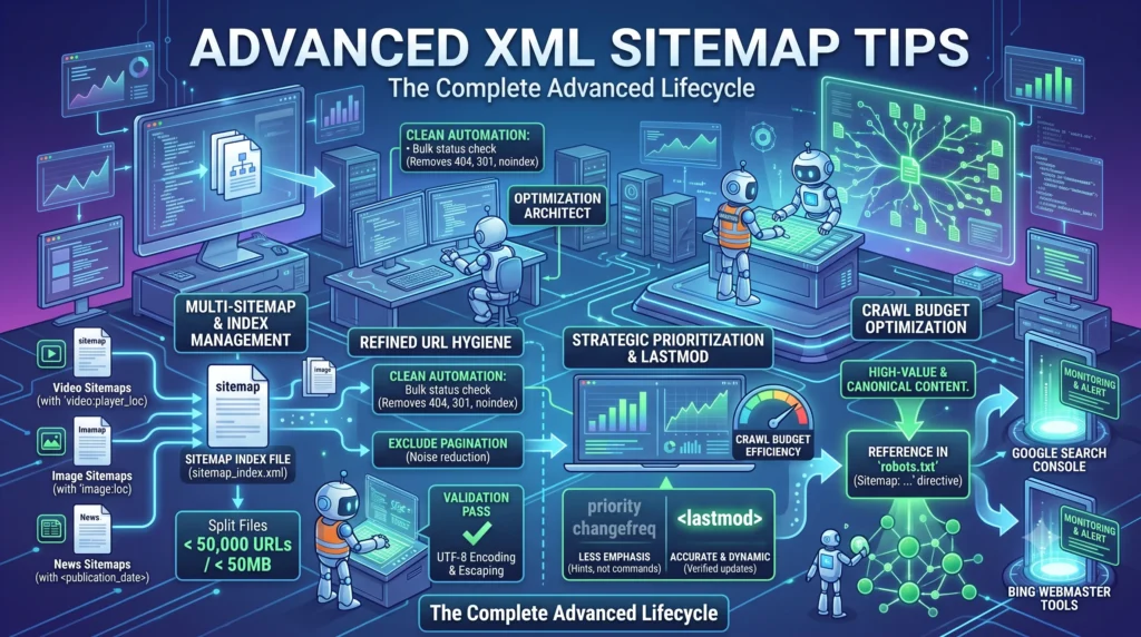 Advanced XML Sitemap Tips illustrating image, video, and news sitemaps, sitemap indexes, and SEO best practices for improving website crawling and indexing.