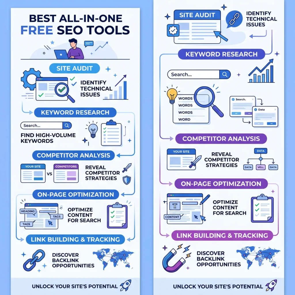 Illustration of the best all-in-one free SEO tools, highlighting features like keyword research, site audits, backlink analysis, rank tracking, competitor analysis, and website performance monitoring in a single dashboard.