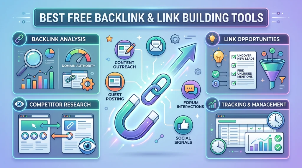 Illustration of the best free backlink and link building tools, displaying backlink analysis, referring domains, anchor text, domain authority, link opportunities, and website authority metrics for SEO.
