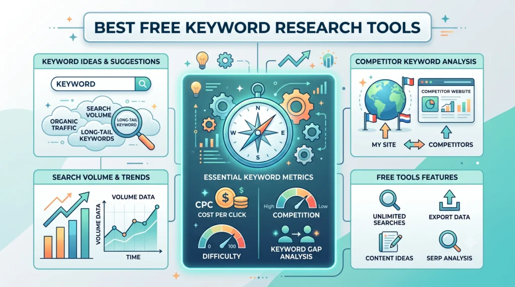 Illustration of the best free keyword research tools, featuring search volume, keyword ideas, keyword difficulty, search intent, long-tail keywords, and SERP analysis dashboards for SEO planning.