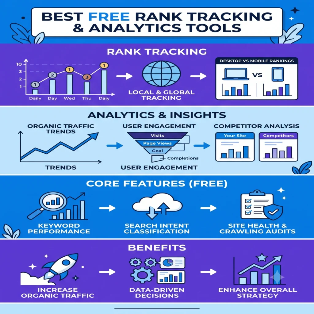 Illustration of the best free rank tracking and SEO analytics tools, featuring keyword rankings, organic traffic, search performance, click-through rates, Google Search Console, Google Analytics, and SEO reporting dashboards.