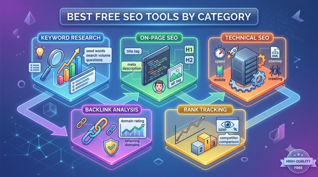 Illustration categorizing the best free SEO tools by purpose, including keyword research, technical SEO, backlink analysis, on-page optimization, rank tracking, and website analytics.
